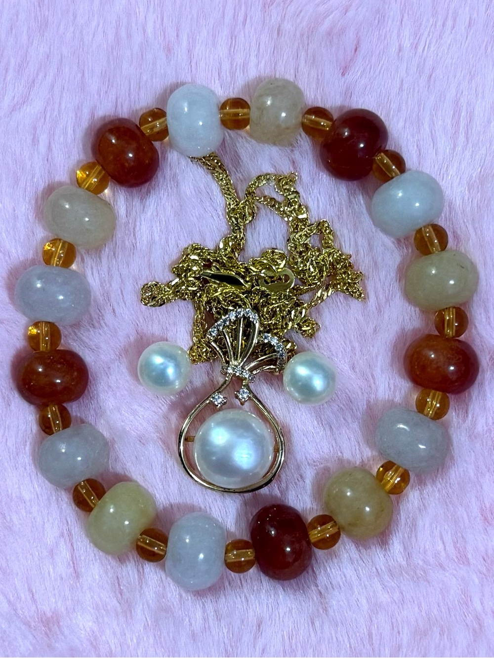 Natural South Sea Cultured Pearl Necklace & CERTIFIED Golden Silk Jade Bracelet